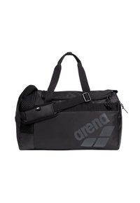 Bolsa de deporte negra con tejido texturizado, correa de hombro ajustable, bolsillo lateral de malla y gran logo "arena" en la parte frontal. Cierre con cremallera.