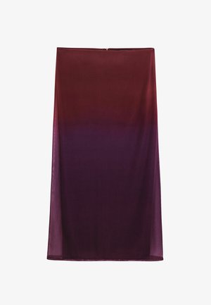 Duga, prozirna suknja s gradijentom od burgundca na vrhu do tamnoljubičaste na dnu. Glatka tekstura, zatvaranje na patentni zatvarač u pojasu.