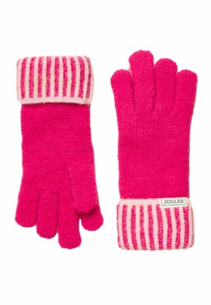 Lyserøde, bløde handsker med foldede manchetter, der har pink og hvide striber, den ene manchet mærket "Joules," lagt fladt ved siden af hinanden.