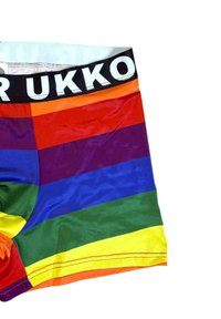 Farverige stribede boxershorts med en blanding af rød, orange, gul, grøn, blå og lilla, med en sort elastik der er mærket "RUKKO."