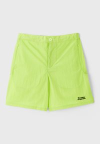 Neon green shorts made of lightweight fabric, featuring a button closure, two side pockets, and a logo on the lower right side.