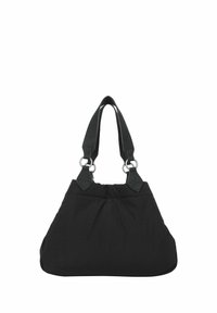 Borsa nera realizzata in tessuto resistente, caratterizzata da una forma morbida e arrotondata, doppio manico in pelle e dettagli in metallo argentato.