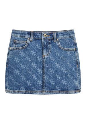 Denim mininederdel i mellemblå, med et diskret logo-mønster over det hele, fem lommer og gule syninger med lukning med sølvknap.