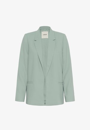 Heled roheline bleiser, mis on valmistatud siledast kangast, millel on sakiline krae, pikad varrukad ja kaks esikotti. Avatud eesmine disain, minimalistlik stiil.