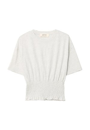 Top corto grigio chiaro realizzato in morbido tessuto. Presenta una vestibilità comoda con maniche corte e una vita arricciata e smockata. Texture liscia.