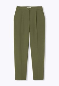 Pantalons vert olive au design ajusté, avec une fermeture à bouton, deux poches latérales, des plis à l'avant et une texture lisse.