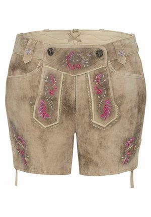 Beige Leder-Shorts mit gestickten floralen Designs in Rosa und Lila, mit hoher Taille und Knopfverschluss. Strukturiertes Wildleder-Finish.