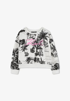 Sudadera blanca con estampados tropicales negros y diseños de palmeras, con una prominente firma rosa "Karl" en la parte frontal.