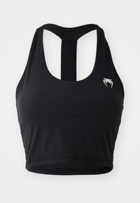 Fekete sportos crop top, kerek nyakkivágással és versenyhát kialakítással. Simább anyagból készült, elöl egy kicsi ezüst logóval.