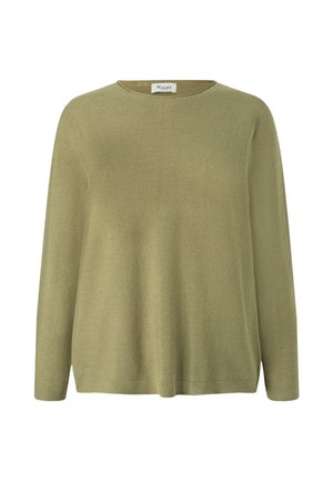 Pitkähihaisen oliivinvihreän pyöreäkauluksisen neulepuseron materiaali on hienoa neulosta, siinä on suora helma ja Maerzin merkki kaula-aukossa.