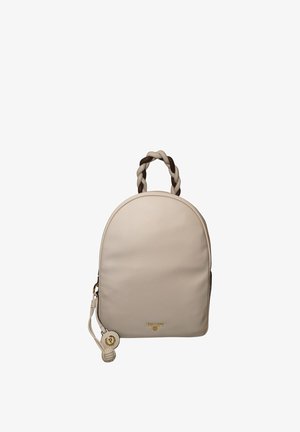 Piccola borsa a tracolla in pelle beige con manico attorcigliato bicolore, logo dorato e ciondolo decorativo tondo con nappina intrecciata.
