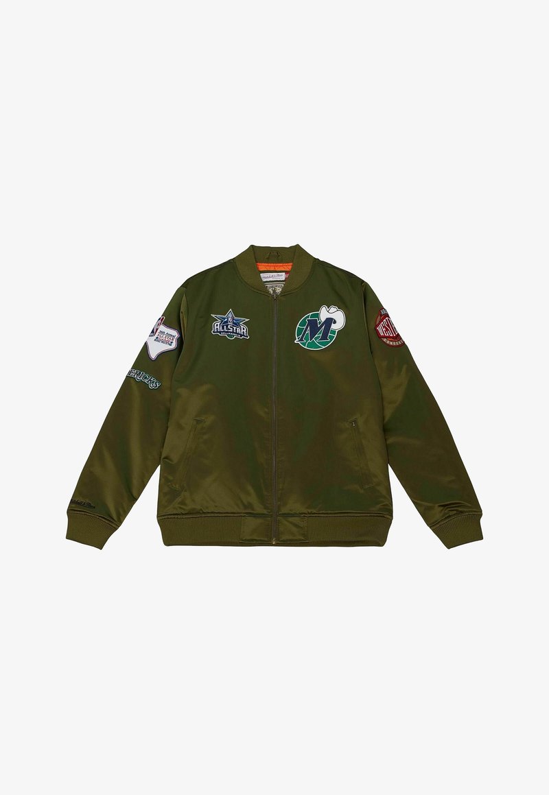 Olive green bomber jacket made of smooth, shiny fabric. Features various embroidered patches on the front and sleeves. Ribbed cuffs and hem.