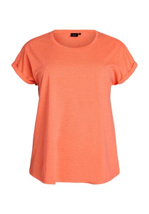 Coral short-sleeve T-shirt with rolled cuffs and round neckline, loose fit, featuring a black brand label inside the collar.