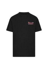 Sort bomulds T-shirt med korte ærmer og rund hals, med "LILLET" broderet i pink og en dekorativ grafik.