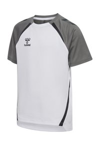 Maillot de sport à manches courtes avec devant blanc, manches raglan grises, bandes latérales noires et logo hummel noir sur la poitrine.