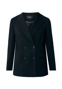 Svart dubbelknäppt blazer med slagkrage, två framfickor och knäppning med knappar. Slät tyg med en skräddarsydd passform.