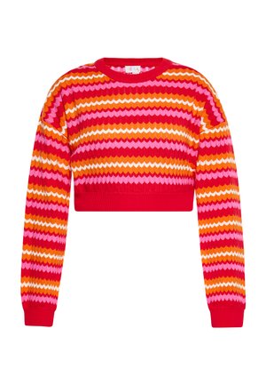 Gehaakte trui met een cropped ontwerp, voorzien van zigzagstrepen in roze, rood, oranje en wit. Ribgebreide manchetten en halslijn.
