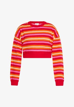 Pulover croșetat cu un design scurt, având dungi în zigzag în nuanțe de roz, roșu, portocaliu și alb. Manșete și guler ribate.