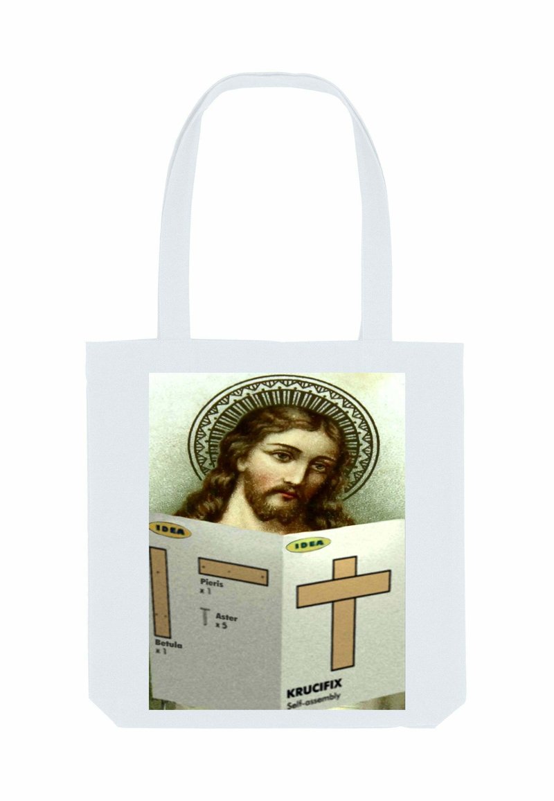 Sac en toile avec un fond blanc, présentant une illustration d'une figure avec de longs cheveux et une couronne, tenant un plan de menuiserie pour une croix.
