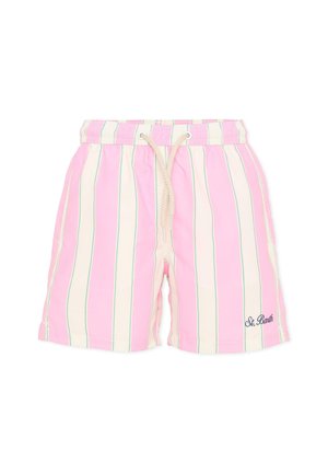 Costume da bagno a righe verticali rosa e crema con sottili linee verdi, vita elastica con coulisse bianca e scritta "St. Barth" sulla gamba.