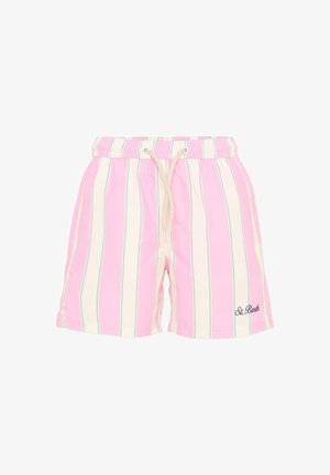 Costume da bagno a righe verticali rosa e crema con sottili linee verdi, vita elastica con coulisse bianca e scritta "St. Barth" sulla gamba.