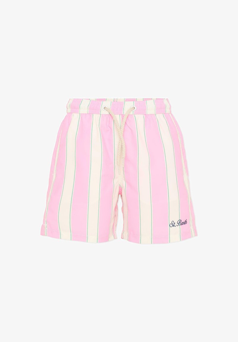 Short de bain à rayures verticales roses et crème avec de fines lignes vertes, une taille élastique avec un cordon blanc et le texte « St. Barth » sur la jambe.