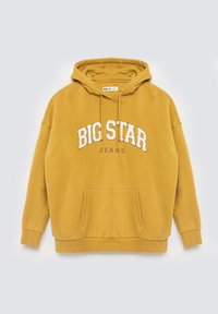 Żółta bluza z kapturem, wyposażona w kieszeń kangurkę, z haftem "BIG STAR JEANS" w białym i purpurowym kolorze. Miękka tkanina i luźny krój.
