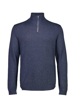 Granatowy sweter z zamkiem pod szyją, wykonany z teksturowanej tkaniny, z długimi rękawami i lekko zwężanym krojem, idealny do noszenia w warstwach.