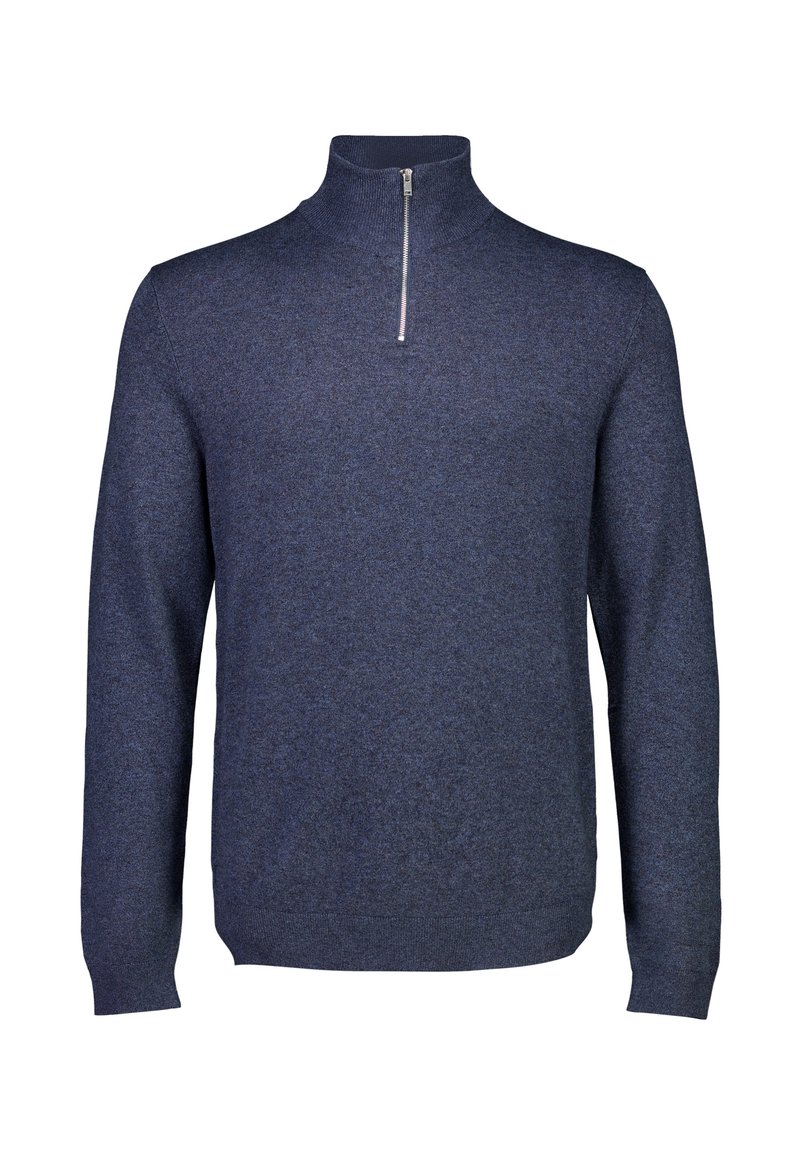 Maglione con zip blu navy realizzato in tessuto testurizzato, con maniche lunghe e una vestibilità leggermente affusolata, adatto per essere indossato a strati.