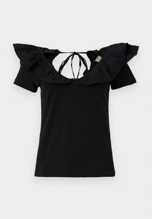 T-shirt nera a maniche corte, con un ampio scollo arricciato e lacci sul retro. Tessuto liscio, vestibilità classica e design minimalista.