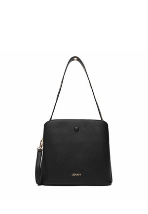 Borsa nera testurizzata con manico superiore e tracolla removibile, chiusura frontale con bottone e logo dorato "JENNY" al centro in basso.