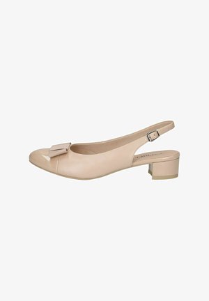 Beige leather slingback shoe with a rounded toe, small block heel, and a textured bow accent on the front. Smooth, glossy finish.