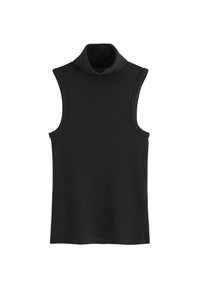 Sort ærmeløs turtleneck-top lavet af blødt stof; har en høj krave og tætsiddende design med klare kanter og ingen udsmykninger.