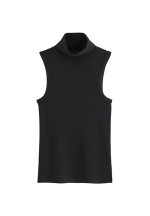 Sort ærmeløs turtleneck-top lavet af blødt stof; har en høj krave og tætsiddende design med klare kanter og ingen udsmykninger.