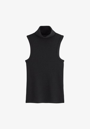 Svart ärmlös polokrage topp gjord av mjukt tyg; har en hög krage och en figurnära design med rena kanter och utan utsmyckningar.