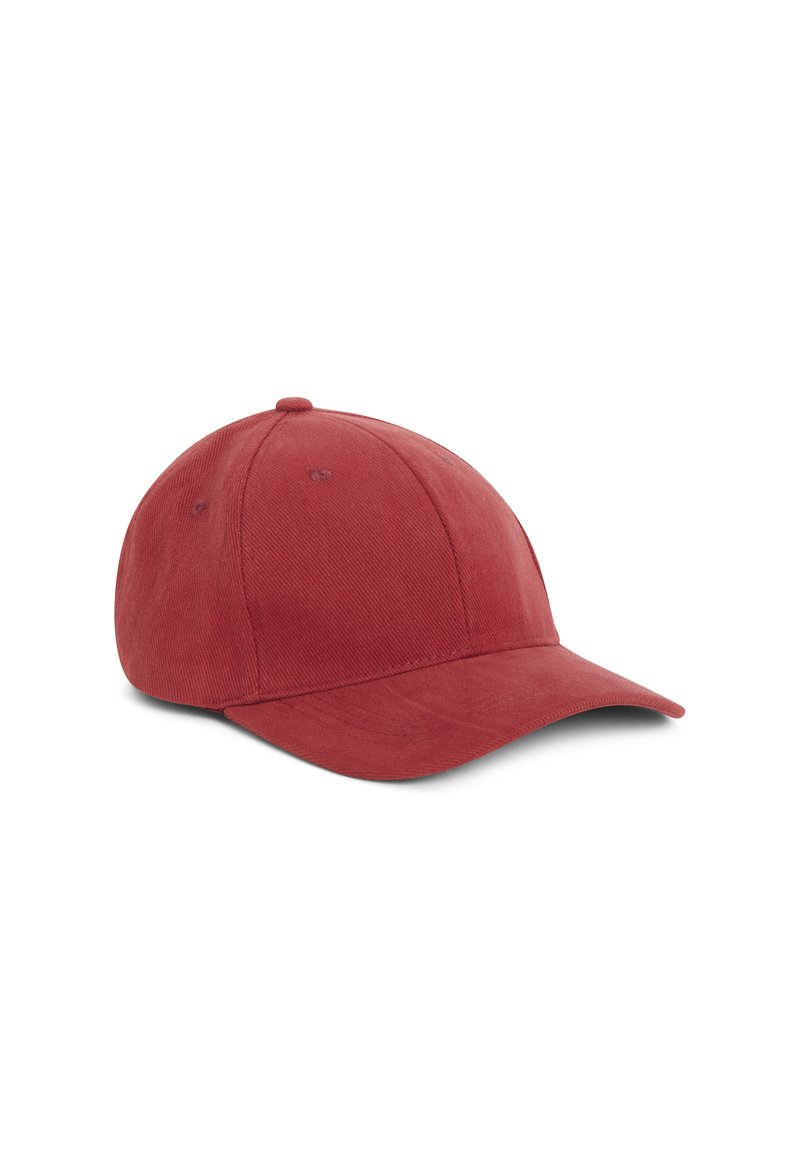 Casquette de baseball en coton rouge avec une visière incurvée, une surface texturée et six œillets de ventilation. Possède un bouton sur le dessus et une bande cousue.