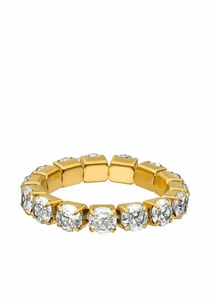 Gouden bandring met ronde, heldere cubic zirconia stenen, gezet in vierkante tandjes, waardoor er een continue sprankeling rond de band ontstaat.