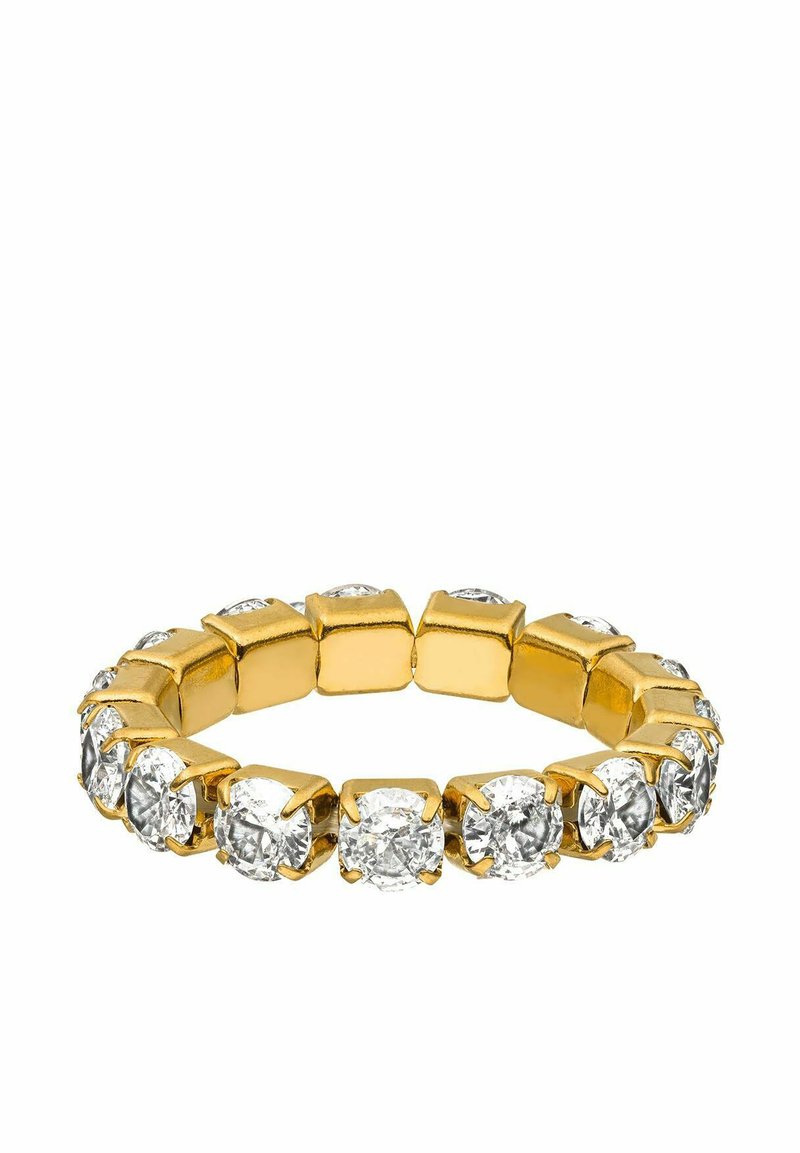 Gouden bandring met ronde, heldere cubic zirconia stenen, gezet in vierkante tandjes, waardoor er een continue sprankeling rond de band ontstaat.