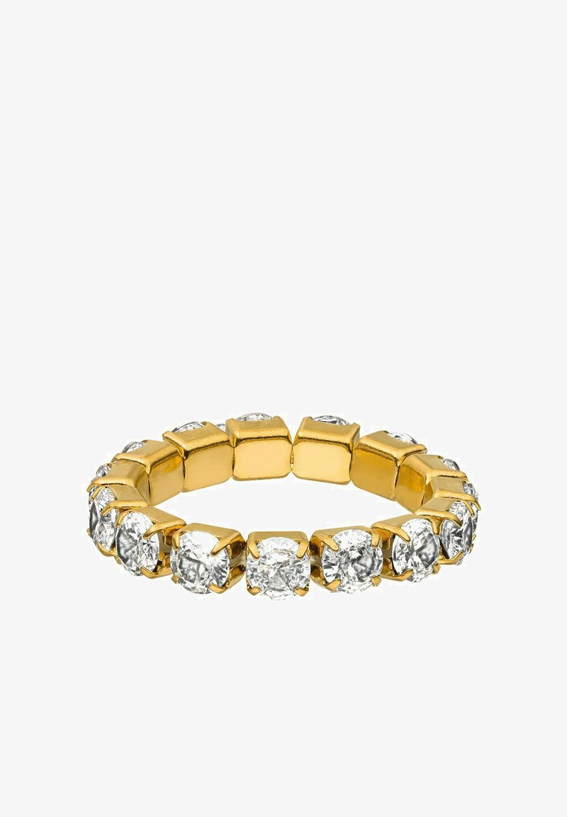 Gouden bandring met ronde, heldere cubic zirconia stenen, gezet in vierkante tandjes, waardoor er een continue sprankeling rond de band ontstaat.