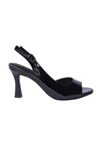 Scarpe con tacco slingback in vernice nera con design open-toe, dotate di un tacco quadrato e cinturino regolabile per una vestibilità sicura.