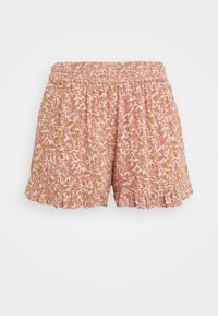 Shorts imprimés floraux en rose clair avec des accents orange et verts. Taille élastique et détail à volants au bas. Fabriqué en tissu léger.