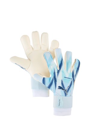 Paire de gants de gardien avec paumes crème et dos bleu à motifs, avec logo Puma et sangles de poignet marquées Ultra et Punchcontrol Pro.