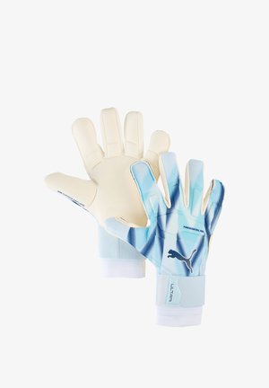 Paire de gants de gardien avec paumes crème et dos bleu à motifs, avec logo Puma et sangles de poignet marquées Ultra et Punchcontrol Pro.