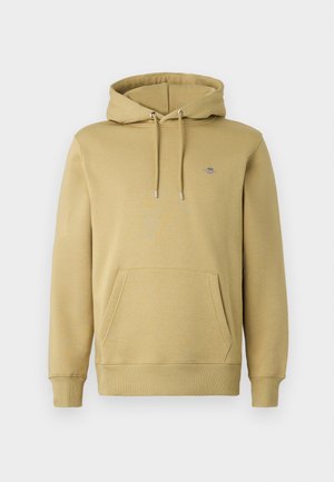 Khaki hoodie, van een katoenmix, met een voorste kangoeroezak, verstelbare trekkoorden en een klein geborduurd logo op de borst.
