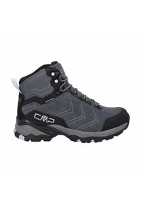 Wodoodporne buty trekkingowe w ciemnoszarym i czarnym kolorze. Posiadają wysoką cholewkę, teksturowany materiał wierzchni oraz zygzakowate akcenty po bokach.