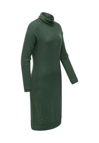 Groene trui jurk met een hoge hals, geribbelde textuur bij de schouders en manchetten, een gladde romp en een subtiel gebogen zoom. Voorzien van een logo-label aan de zoom.
