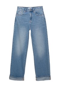Jean droit taille haute bleu clair avec revers pliés, poches avant, fermeture par bouton et détails délavés subtils.