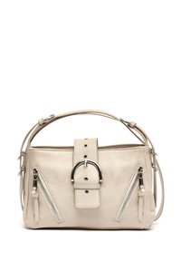 Beige synthetic handbag with a structured shape, dual zipper pockets on the front, silver-tone hardware, and a central strap accent.