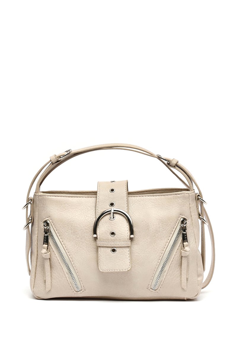 Beige synthetic handbag with a structured shape, dual zipper pockets on the front, silver-tone hardware, and a central strap accent.