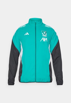 Adidas mikina na zips s tyrkysovým predným dielom, čiernymi rukávmi, bielymi bočnými akcentmi a logom Liverpool FC s brandingom AXA.
